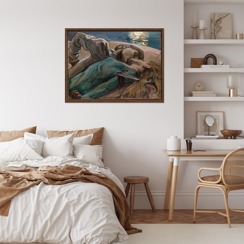 May include: A framed painting depicts two figures in a somber scene. One figure, clad in teal, lies with a blade. The other, in muted tones, leans over. The background suggests a moonlit setting, with a dark brown frame.