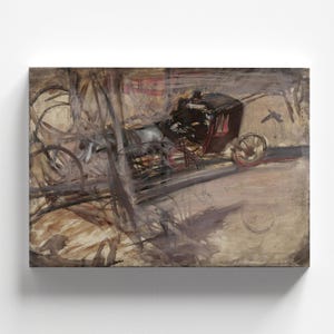 May include: A painting of a horse-drawn carriage in a muted color palette. The carriage is dark brown with a black top and is partially obscured by brushstrokes. The horse is white and is also partially obscured by brushstrokes. The background is a light brown with hints of red and gray.