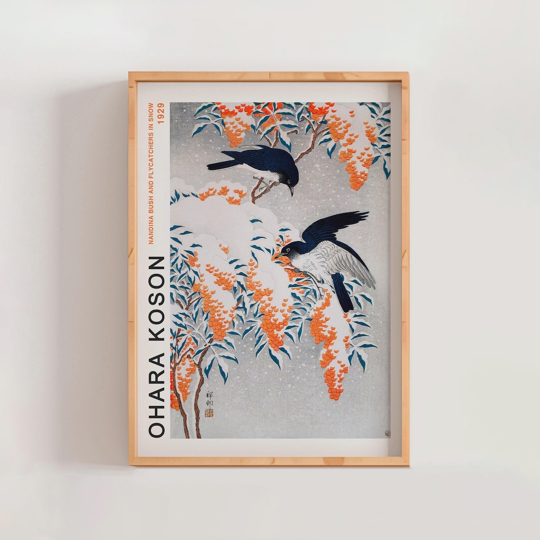 Nandina Bush and Flycatchers in Snow by Ohara Koson 1929 Poster