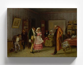 May include: A painting depicting a group of people in a room. A woman in a pink dress stands in the center of the room, surrounded by other people. The room is decorated with wallpaper and furniture. The painting is in a realistic style.