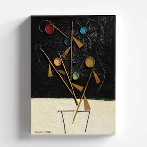 Könnte beinhalten: Ein abstraktes Gemälde in Schwarzweiß mit einer Vase, die mit bunten Farbtöpfen und Pinseln gefüllt ist. Das Gemälde ist unten links mit "Frances Picabia" signiert.