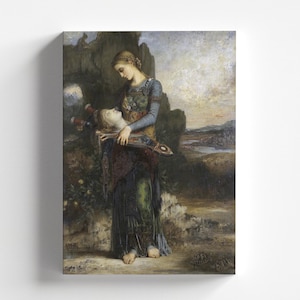 May include: A painting depicting a woman holding a lyre and a severed head. The woman is dressed in a blue and green robe and is standing in a landscape setting. The painting is done in a realistic style and has a somber tone.
