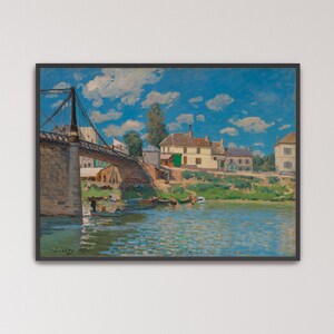 May include: An oil painting depicting a suspension bridge spanning a river with small boats floating near the stone pier. Several light-coloured houses with brown roofs sit on the grassy bank under a bright blue sky filled with white clouds.