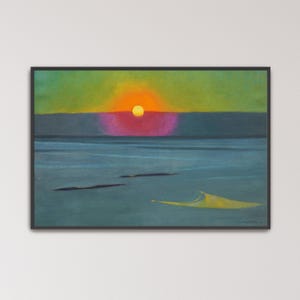 May include: A framed landscape painting depicting a sunset over a calm body of water. The sky features a bright yellow sun set against a gradient of green and purple hues. Below, the dark blue water reflects the light, with a small yellow shape.