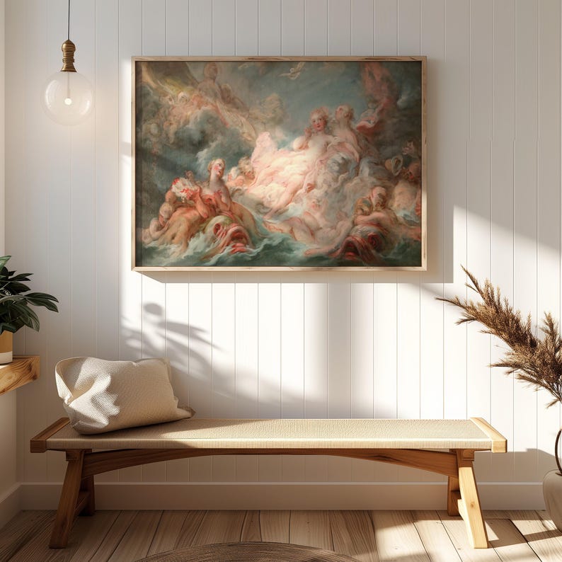 Puede incluir: Una pintura enmarcada que representa una escena de la mitolog&iacute;a griega. La pintura presenta un grupo de figuras, incluida una mujer reclinada sobre una nube, rodeada de otras figuras. La pintura est&aacute; ambientada en un fondo de nubes y cielo.