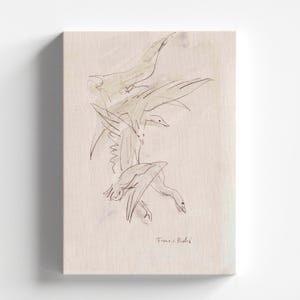 May include: A black and white line drawing of three birds in flight. The drawing is on a beige canvas with the artist's signature "Francis Picabia" in the bottom right corner.