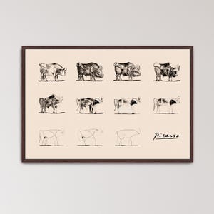 Picasso Bull Canvas Wall Art, Pablo Picasso Evolution of Bull Print, Abstract Animal Canvas Art, Modern Minimalist Wall Decor (A0085) Walnut Frame