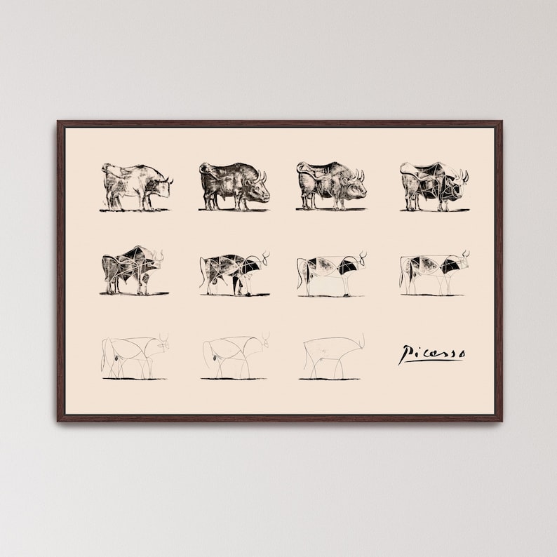 Picasso Bull Canvas Wall Art, Pablo Picasso Evolution of Bull Print, Abstract Animal Canvas Art, Modern Minimalist Wall Decor (A0085) Walnut Frame