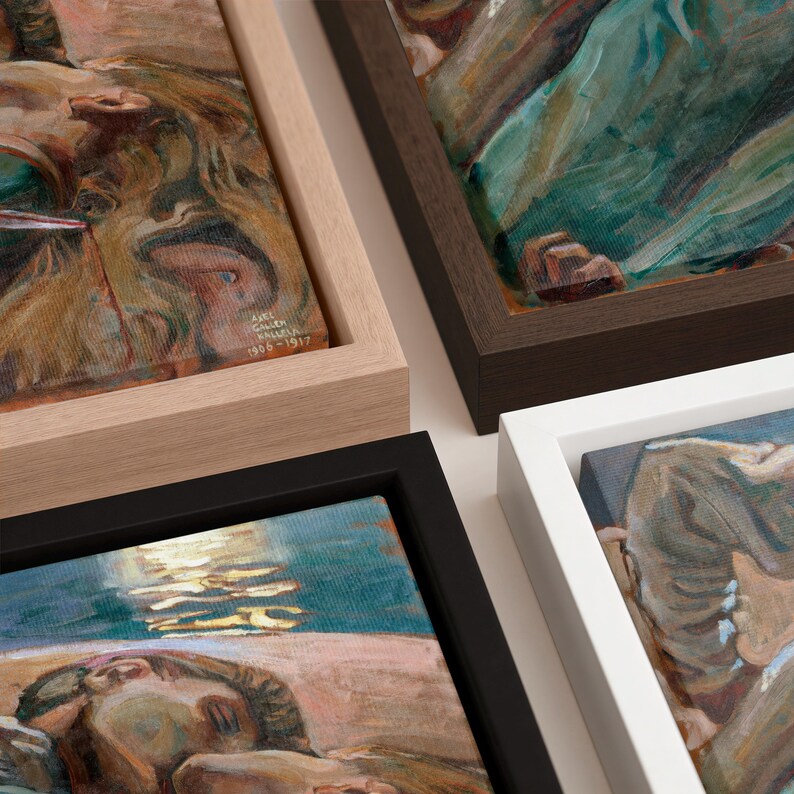 May include: Close-up of four framed canvas art prints. Each print features a portion of a painting with muted colors. The frames are in natural wood, dark brown, black, and white. The artist's name and dates are visible on one print.