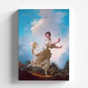 May include: A canvas print of a classical painting depicting a woman in a flowing cream-colored dress, mid-motion against a backdrop of a blue sky with clouds. The artwork evokes a sense of movement and grace, with a landscape of grass and foliage.