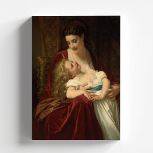 May include: A woman in a red dress holds a young girl in her arms. The woman is looking down at the girl, who is looking up at her. The woman has dark hair and the girl has light hair. The woman is wearing a necklace and the girl is wearing a white dress with a blue sash.