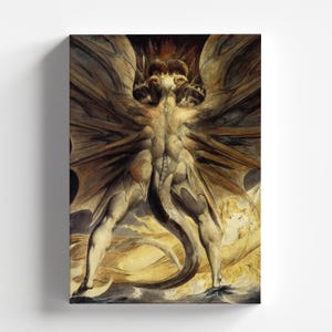 Può includere: Un dipinto ad acquerello che raffigura una figura demoniaca alata con una coda serpentina. La figura ha un corpo muscoloso, umanoide, con corna e un'espressione feroce. Le ali sono grandi e spiegate, con dettagli intricati. La figura si trova su una superficie rocciosa, con uno sfondo nuvoloso e vorticoso.