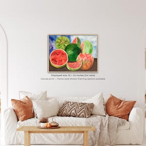 May include: Watercolor painting of watermelons in various stages of ripeness. The artwork features whole and sliced watermelons in shades of green, red, and brown. The displayed size is 32 x 24 inches. Canvas print - frame style shown, framing options available.