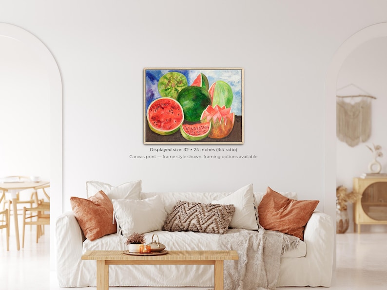 May include: Watercolor painting of watermelons in various stages of ripeness. The artwork features whole and sliced watermelons in shades of green, red, and brown. The displayed size is 32 x 24 inches. Canvas print - frame style shown, framing options available.