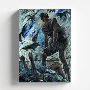 May include: A painting of a large, dark figure standing on a rocky surface. The figure is surrounded by a swirling blue and white background with black birds flying around it. The painting is titled "L.U.C.I.U.S. 1972".