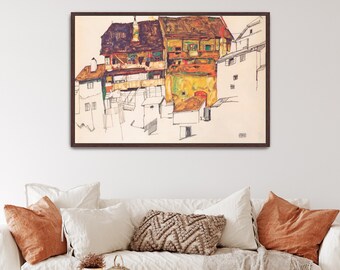 Old Houses in Krumau by Egon Schiele Canvas Print | Old Houses Print, Cityscape Art (B4701)