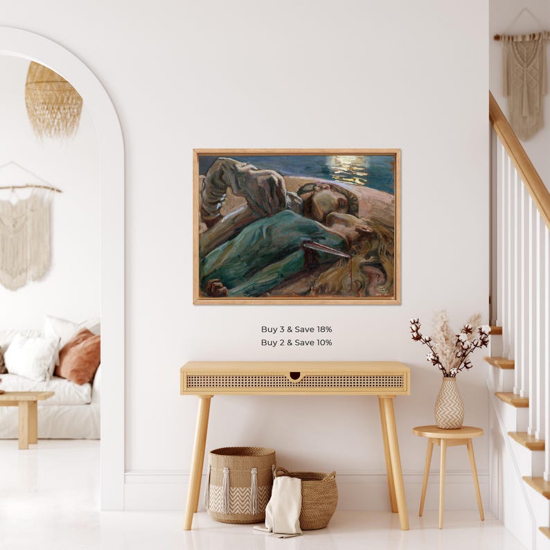 May include: A framed artwork depicting a classical scene with figures in muted tones of blue, green, and brown. The artwork is displayed on a white wall above a wooden console table. The text "Buy 3 & Save 18%" and "Buy 2 & Save 10%" is visible.