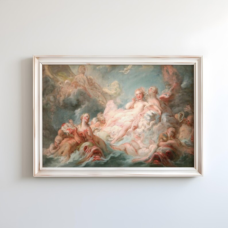 Puede incluir: Una pintura vintage que representa a un grupo de figuras en un entorno celestial. La figura central es una mujer con el pelo suelto, reclinada sobre una estructura similar a una nube. Otras figuras la rodean, algunas sosteniendo conchas marinas y otras pareciendo estar en un estado de reposo. La pintura est&aacute; realizada en colores suaves y pastel, con tonos de rosa, azul y blanco dominando la composici&oacute;n.