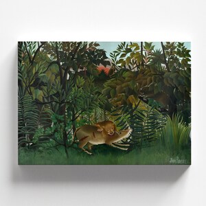 May include: A painting by Henri Rousseau depicting a lion attacking a wild boar in a lush jungle setting. The lion is biting the boar's neck, and the boar is struggling to break free. The background is filled with dense foliage and trees, and the sky is a vibrant orange.