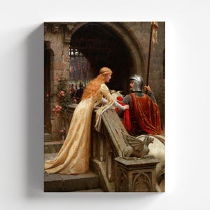 May include: A painting of a woman in a yellow dress standing on a balcony, looking at a knight in armor on horseback. The knight is holding a red cloak in his hand. The scene is set in a medieval castle.
