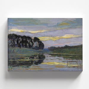 May include: A painting depicting a serene lake scene with a row of trees on the left of the canvas. The sky is a gentle blue with streaks of yellow and orange clouds. The water is still and reflective, mirroring the sky and trees.