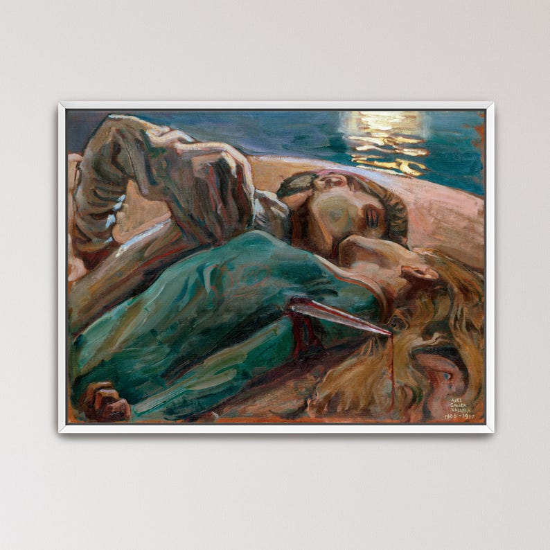 May include: An oil painting in a white frame depicts a scene of figures in a dramatic pose. The figures are rendered in shades of brown, green, and blue, with a knife visible. The painting is signed and dated.