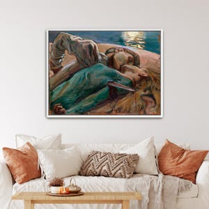 May include: A framed painting depicting two figures in a dramatic scene. One figure is wearing a teal garment, and the other is in a neutral tone. The artwork has a dark background with a light source, and the style is reminiscent of classical art.