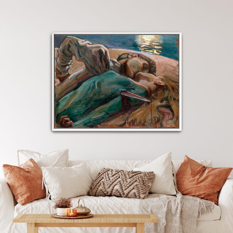 May include: A framed painting depicting two figures in a dramatic scene. One figure is wearing a teal garment, and the other is in a neutral tone. The artwork has a dark background with a light source, and the style is reminiscent of classical art.