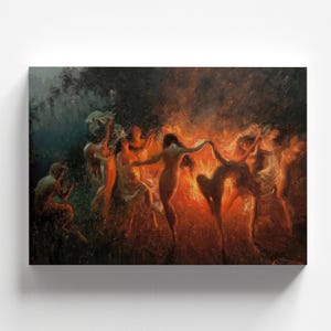 May include: A painting depicting a group of people dancing around a bonfire. The figures are silhouetted against the flames, creating a dramatic and mystical scene.