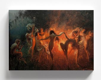 Nude Nymphs Dancing to Pan's Flute Around the Fire by Joseph