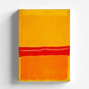 May include: Abstract painting with a rectangular composition. The artwork features a vibrant color palette of yellow, orange, and red. A horizontal red band with white lines divides the yellow and orange sections. The painting is mounted on a white wall.