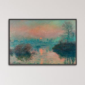 Sonnenuntergang an der Seine bei Lavacourt im Winter von Claude Monet | Poster-Druck | Sonnenuntergang über dem Fluss, Fluss-Sonnenuntergangskunst (B0326)