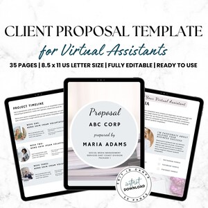 May include: A digital template for a client proposal for virtual assistants. The template is designed for use with Canva and includes 35 pages. The template is fully editable and ready to use. The template is designed for social media management services. The template includes a project timeline, a proposal section, and a section for the virtual assistant's bio.