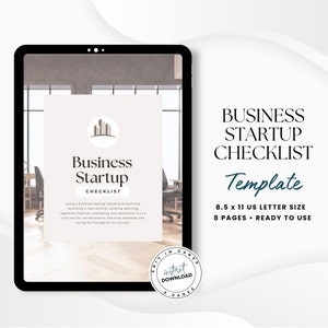 May include: A digital tablet displaying a business startup checklist template. The template is in a white and gray color scheme with a brown building icon. The text on the template reads "Business Startup Checklist Template 8.5 x 11 US Letter Size 8 Pages - Ready to Use".