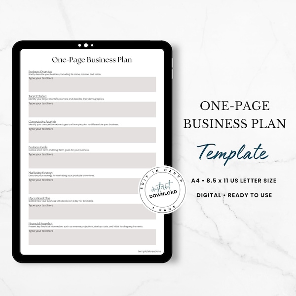 One Page Business Plan, Virtual Assistant Business Plan, Online Business Plan, Startup Business Plan, Small Business Plan Template