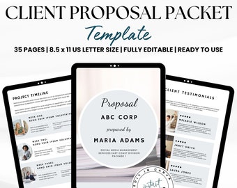 May include: A digital mockup of a client proposal packet template. The template is designed for a social media management company called ABC Corp. The template is prepared by Maria Adams, who is a social media manager. The template includes a project timeline, client testimonials, and a proposal for a social media management package. The template is fully editable and ready to use. The template is 8.5 x 11 inches and has 35 pages.