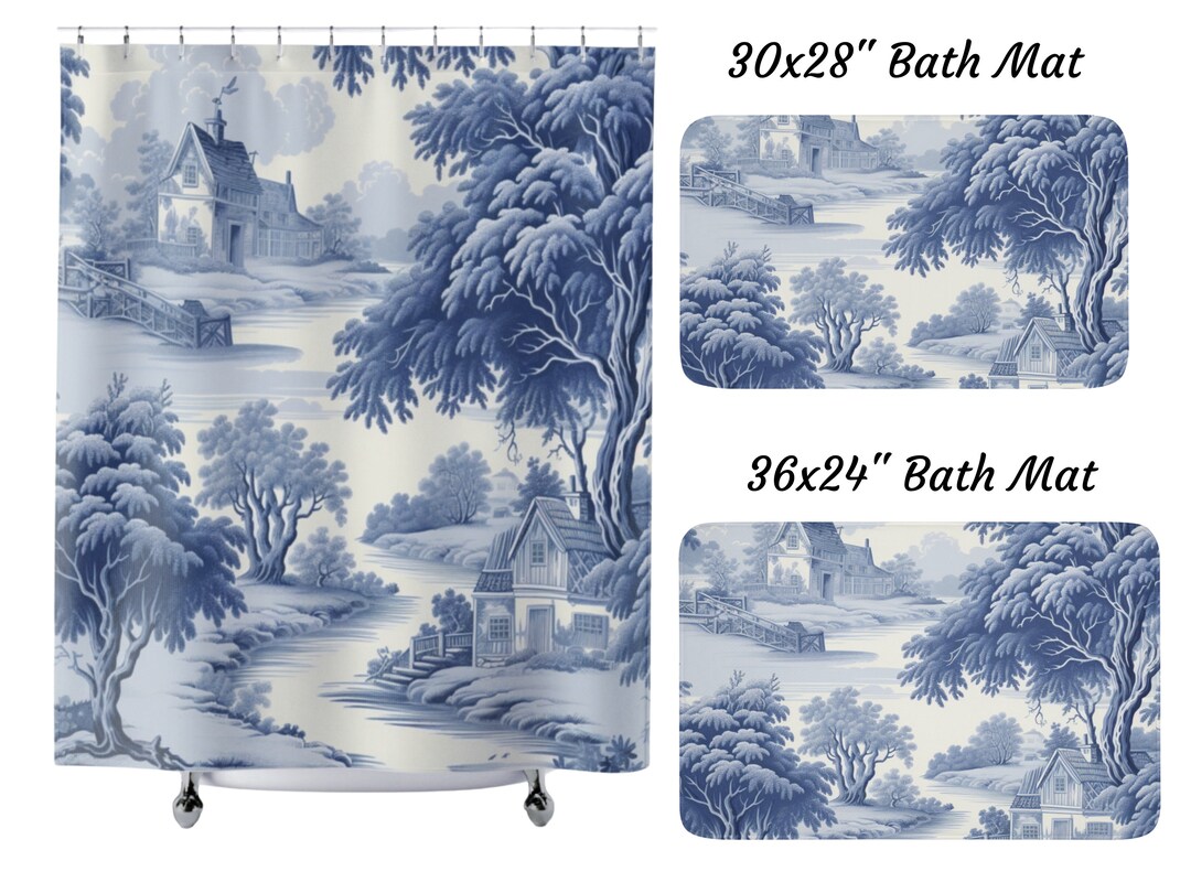 Blue French Toile Shower Curtain Toile De Jouy Bathroom Decor Custom