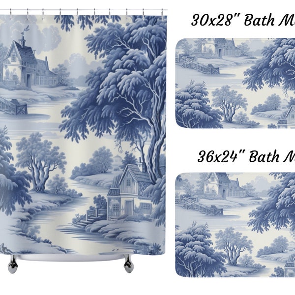 Blue and White Toile Shower Curtain French Country Bathroom Decor  Cool shower curtain country Home Decor blue  floral curtain shower set