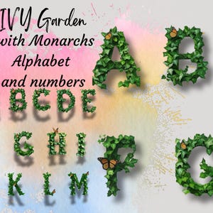 Alfabeto y números de hiedra y mariposa monarca con sombras caídas y elevadas, fuente PNG, clipart natural para arte digital, manualidades y sublimación