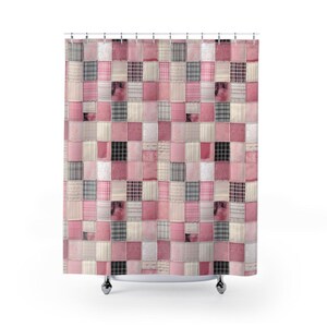 May include: Pink and white patchwork shower curtain with a quilted design.