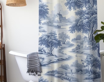 French Country Toile Shower Curtain & Bath Mat Set