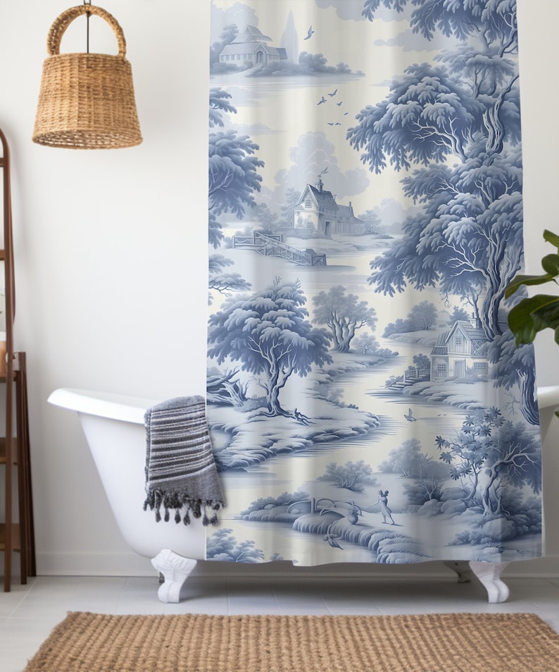Blue French Toile Shower Curtain Toile De Jouy Bathroom Decor Custom