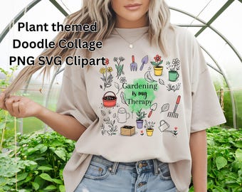 Gardening Doodle Clipart: Flowers, Tools, Plants (PNG, SVG Digital Download)