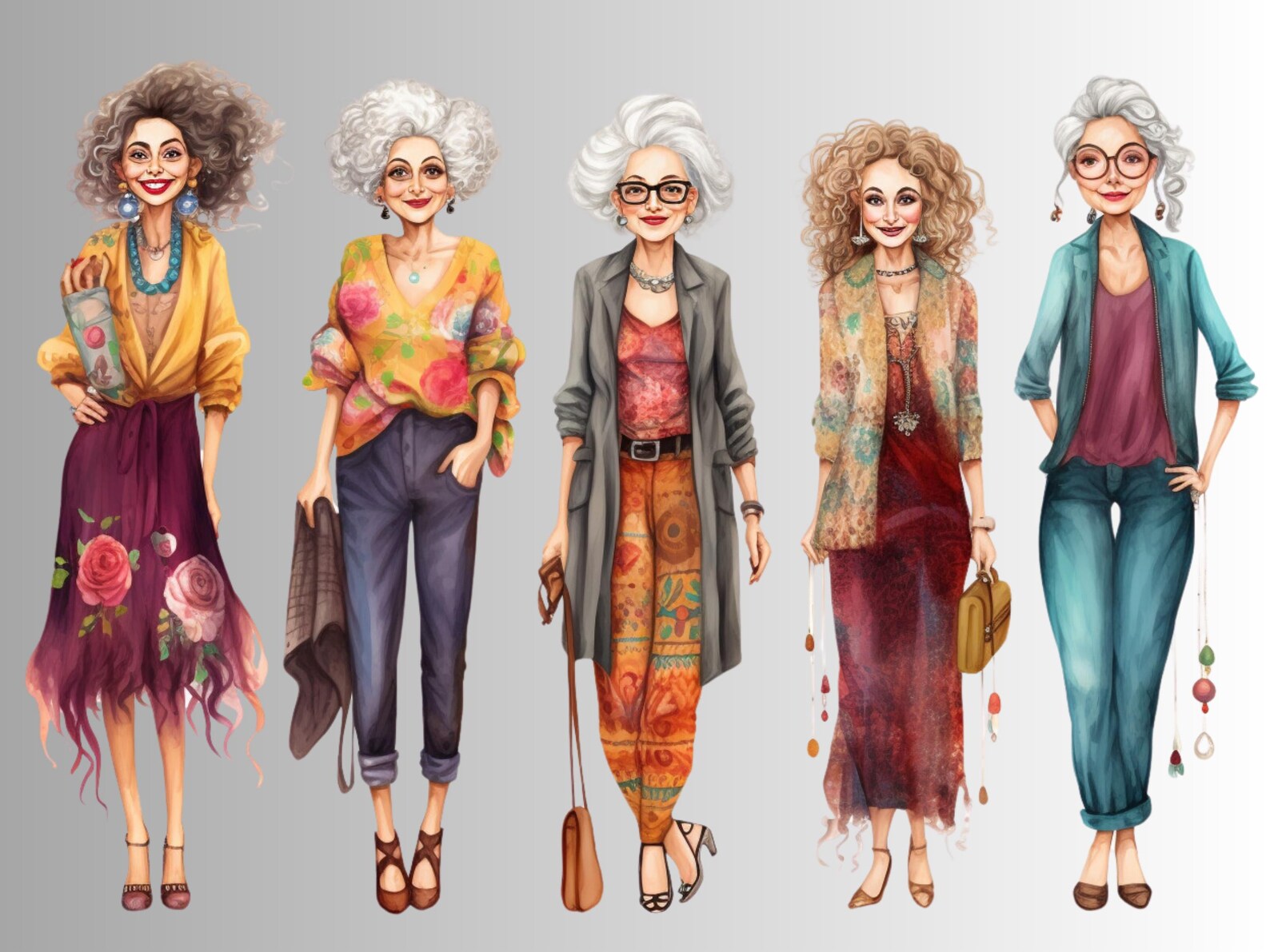 Watercolor Old Lady Clipart: Funny Mature Women PNG Bundle (digital ...