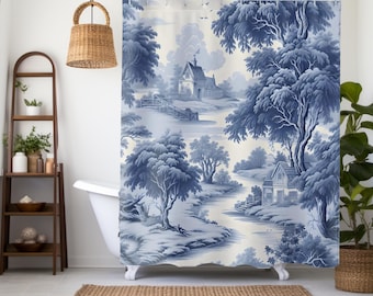 Blue Toile Shower Curtain & Rug Set: French Landscape Bath Decor