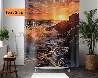 Ocean Sunset Shower Curtain, Coastal Bathroom Decor, Dramatic Waves Seascape, Beach House Bath