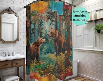 Torn Paper Watercolor Bear Forest Shower Curtain Rustic Woodland Wildlife Cabin Bathroom Decor