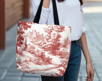 Red Toile Tote Bag: Vintage French Country Market Carryall