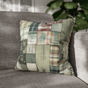 May include: A green and brown patchwork throw pillow with a plaid pattern. The pillow is made of a soft, comfortable fabric and is perfect for adding a touch of rustic charm to any room.