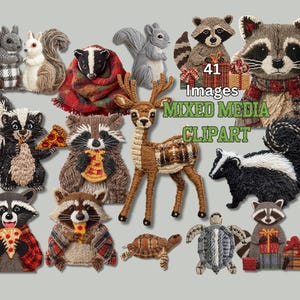 May include: A selection of mixed media clipart featuring woodland animals. The image includes squirrels, raccoons, skunks, a badger, a deer, and turtles. Some animals are wearing scarves or holding pizza. The text "41 Images Mixed Media Clipart" is also present.